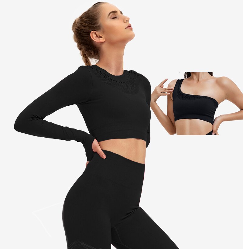 Women Sports Sets Yoga 3pcs Fitness Shirts+Bras+Leggings Mesh Sportswear Outfits Woman Suits Workout Gym Running Clothing,LF055