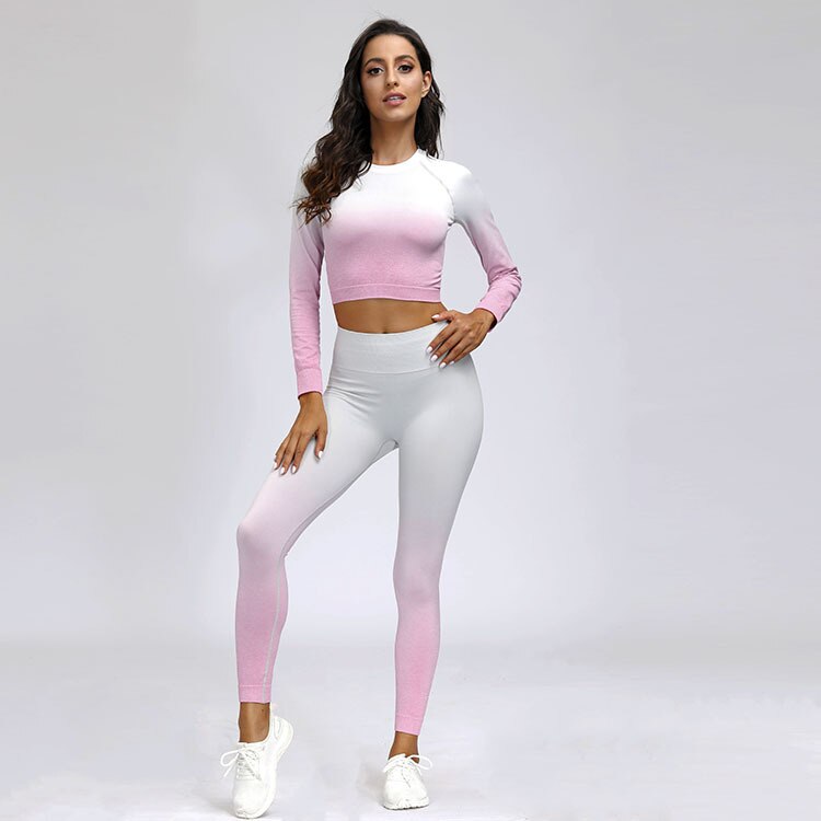 New Adapt Ombre Seamless Yoga Sets Long Sleeve Crop Top Yoga Shirt 2pcs Workout Gym Suits High Waist Ombre Leggings Gym Clothing
