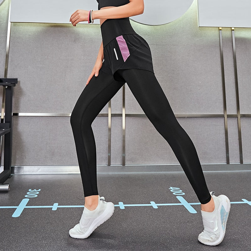 Women High Waisted Yoga Pants fake two pieces  Seamless Leggings High Elastic for Fitness Running Exercise Tights Leggins