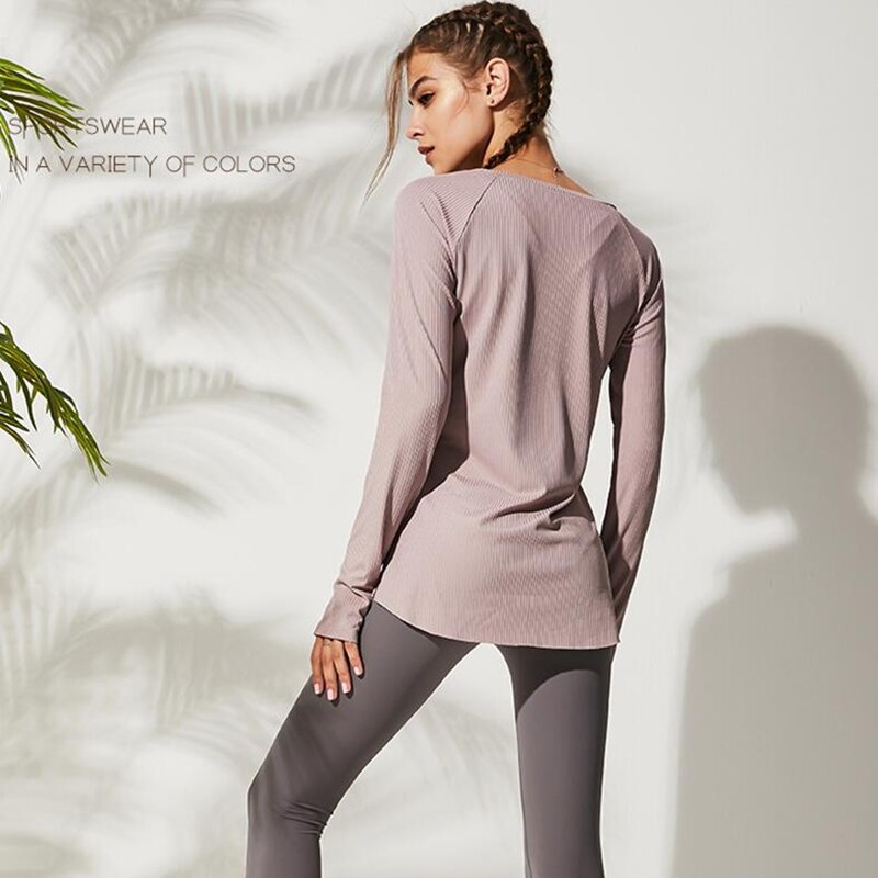 Loose yoga clothes for fitness sport shirt women blouse O-neck workout running long sleeve femme gym top with thumb holes