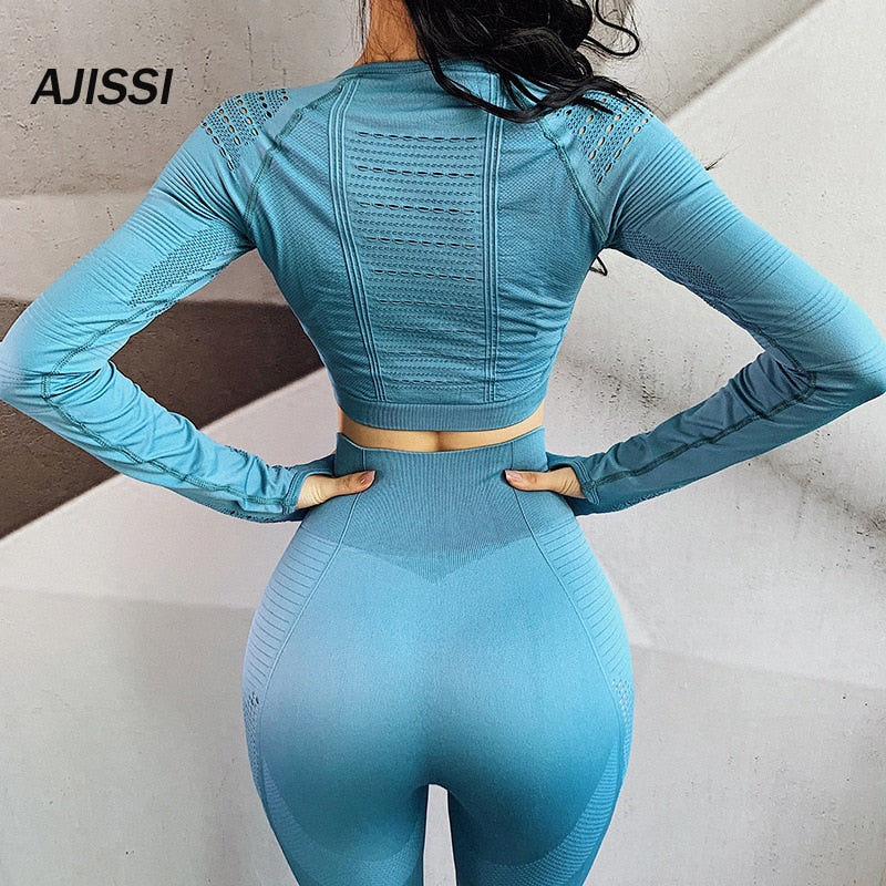 Seamless Long Sleeve Yoga Suit Workout Clothes Gym Fitness Clothing Women Breathable Sportwear Yoga Set Sport Fitness suit