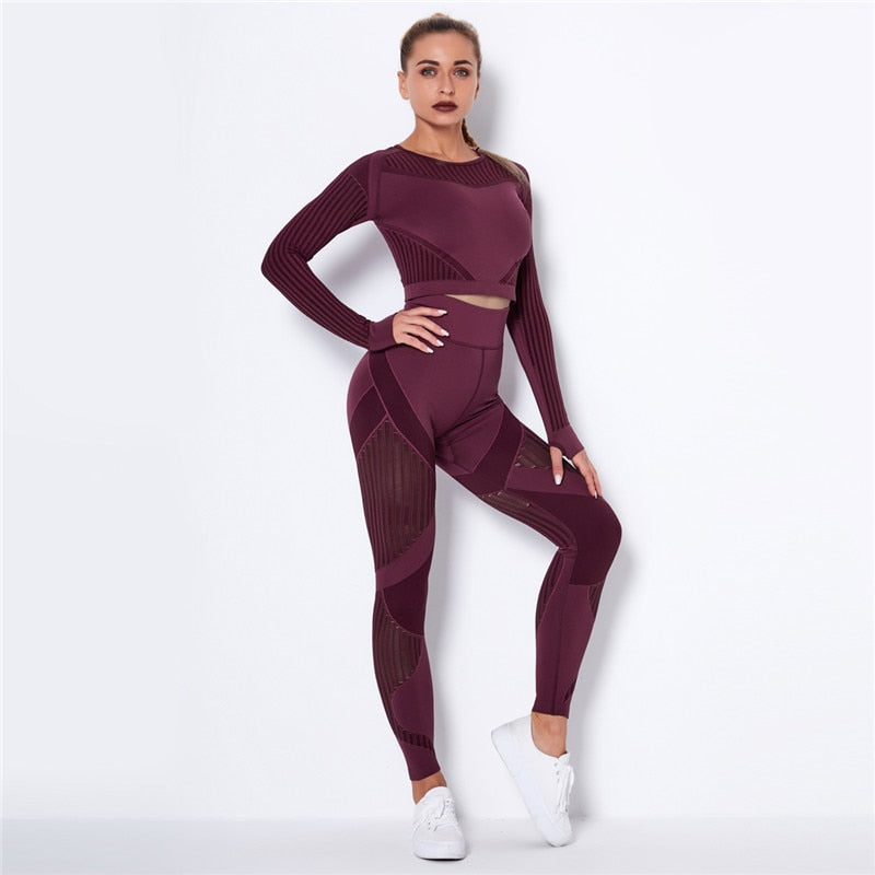 Hollow Out Seamless Yoga Set Sport Outfits Women Black Two 2 Piece Crop Top Bra Leggings Workout Gym suit Fitness Sport Sets