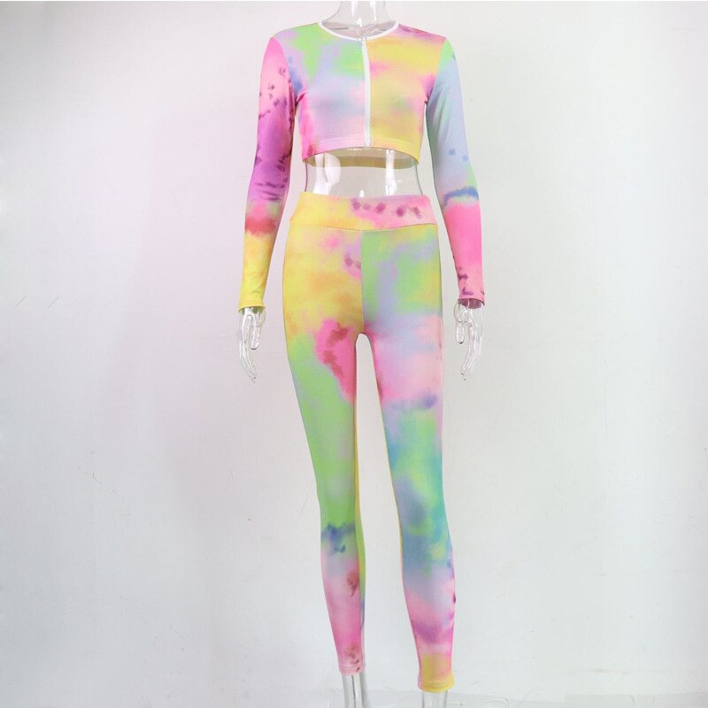 Tie Dye Print Seamless Yoga Gym Ribbed Suit Fashion Long Sleeve Zipper Crop Top Leggings Two Piece Set Fitness Sports Clothing