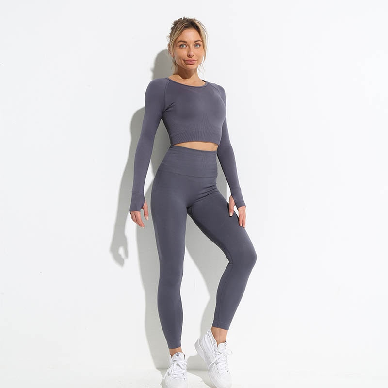 2pcs seamless hyperflex workout sport outfits for women sportswear athletic clothes gym Long Sleeve Crop Top High Waist Leggings