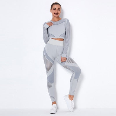 2Pcs Women Yoga Set Seamless Fitness Shirts Outfit Long Sleeve Crop Top Gym Clothes Workout Pant High Waist Leggings Sport Suit