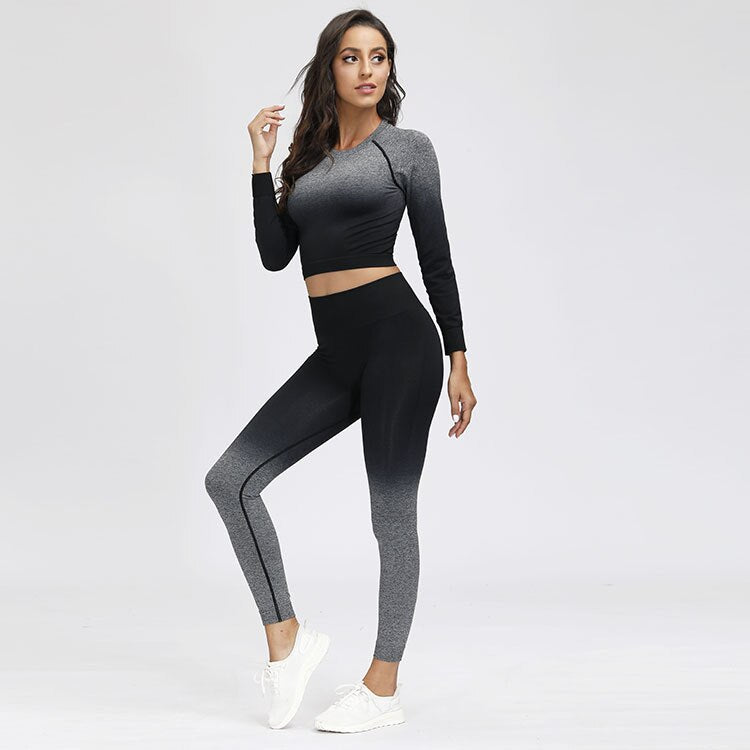 New Adapt Ombre Seamless Yoga Sets Long Sleeve Crop Top Yoga Shirt 2pcs Workout Gym Suits High Waist Ombre Leggings Gym Clothing