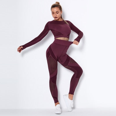 2Pcs Women Yoga Set Seamless Fitness Shirts Outfit Long Sleeve Crop Top Gym Clothes Workout Pant High Waist Leggings Sport Suit