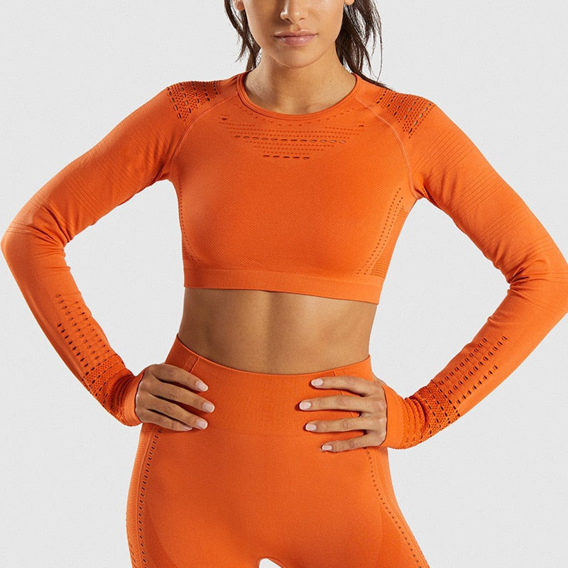 Women Seamless Long Sleeve Crop Top Running  Shirt Sports Wear Yoga Tops Fitness Gym Sport Workout Tops Beauty Body Shirt Autumn
